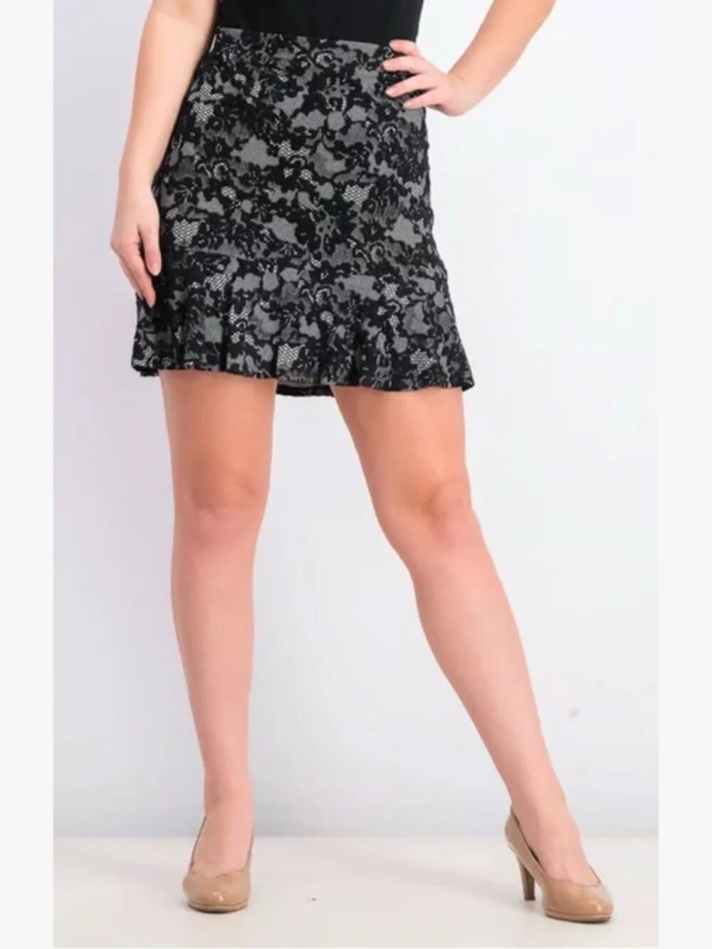 Michael Michael Kors Women's Lace Print Ruffle-Hem Skirt A Line Mini Black M